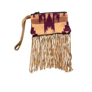 Southwestern Woven Suede Fringe Wristlet Pouch Tan Purple Geometric Bohemian